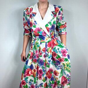 Dorothy Samuel Vintage Floral Midi Lapel Dress Pleated Long Sleeve Small Medium